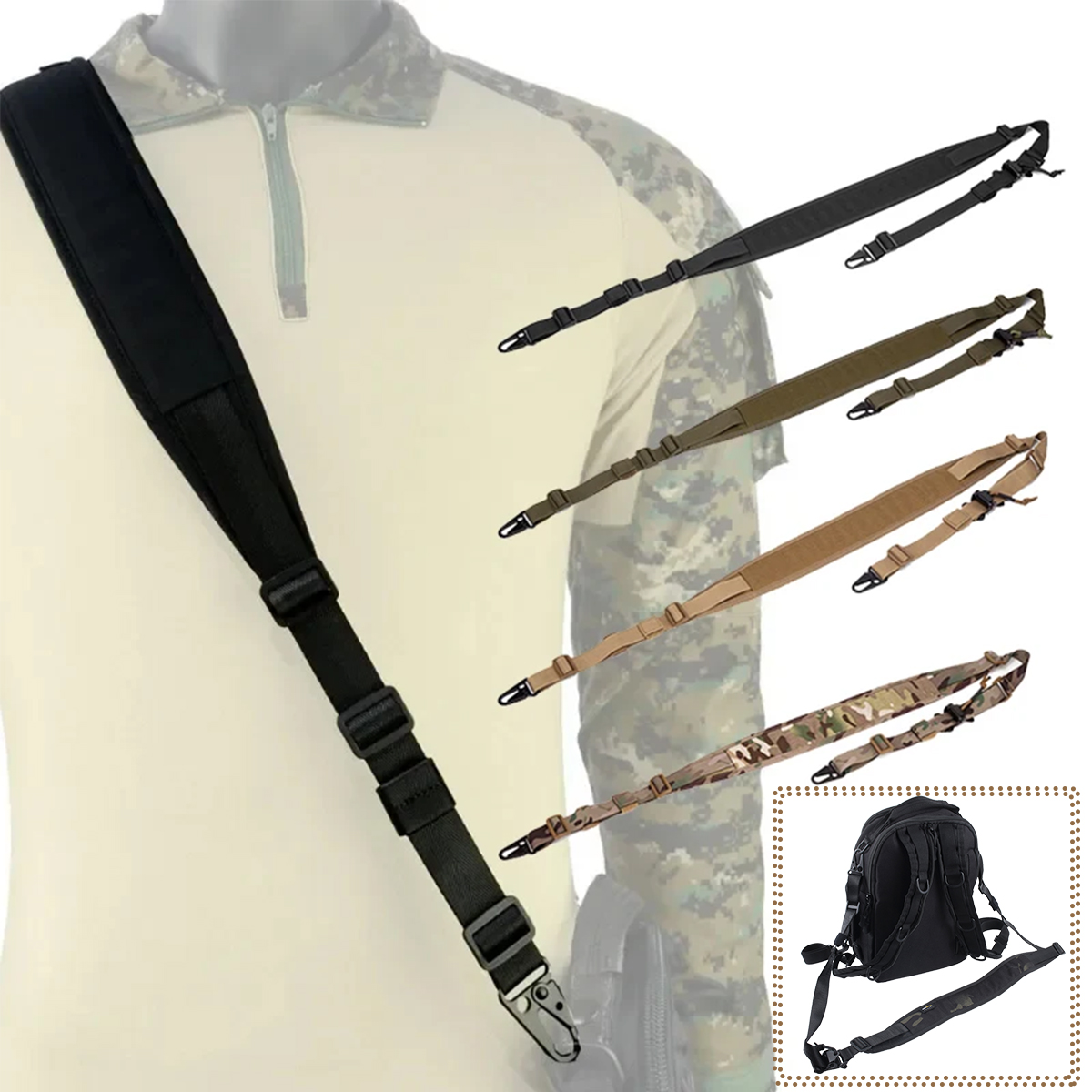 Tactical Sling 2 Point Quick Adjust Rifle - Taktischer gepolsterter Gewehrriemen mit Schnellverschluss, 2-Punkt-/1-Punkt-Verstellbarkeit,